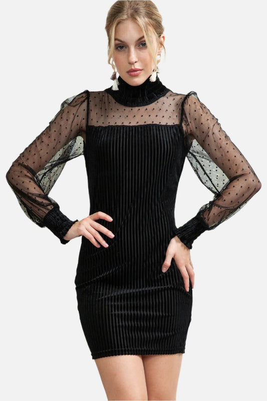 Black Dotted Mesh Striped Frilled Neck Bubble Sleeve Dress