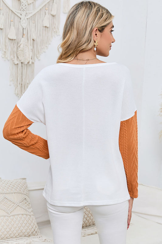 Orange Long Sleeve Colorblock Chest Pocket Textured Knit Top