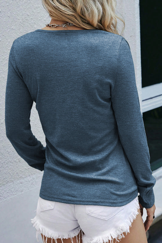 Blue Ribbed Long Sleeve Snap Button Henley Top