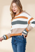 Taupe Striped Color Block Crewneck Knitted Sweater