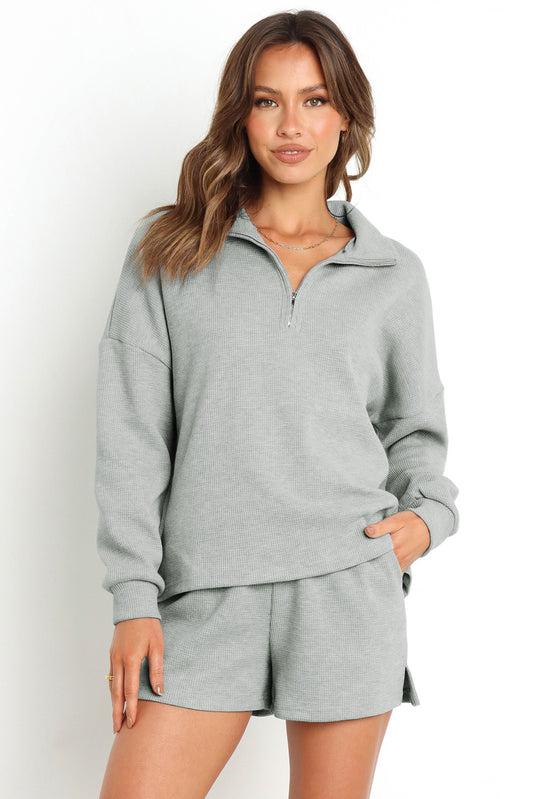 Gray Ribbed Zipper Sweatshirt & High Waist Shorts Set