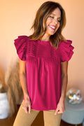 Grapefruit Orange Ruched Frilled Neck Ruffle Blouse