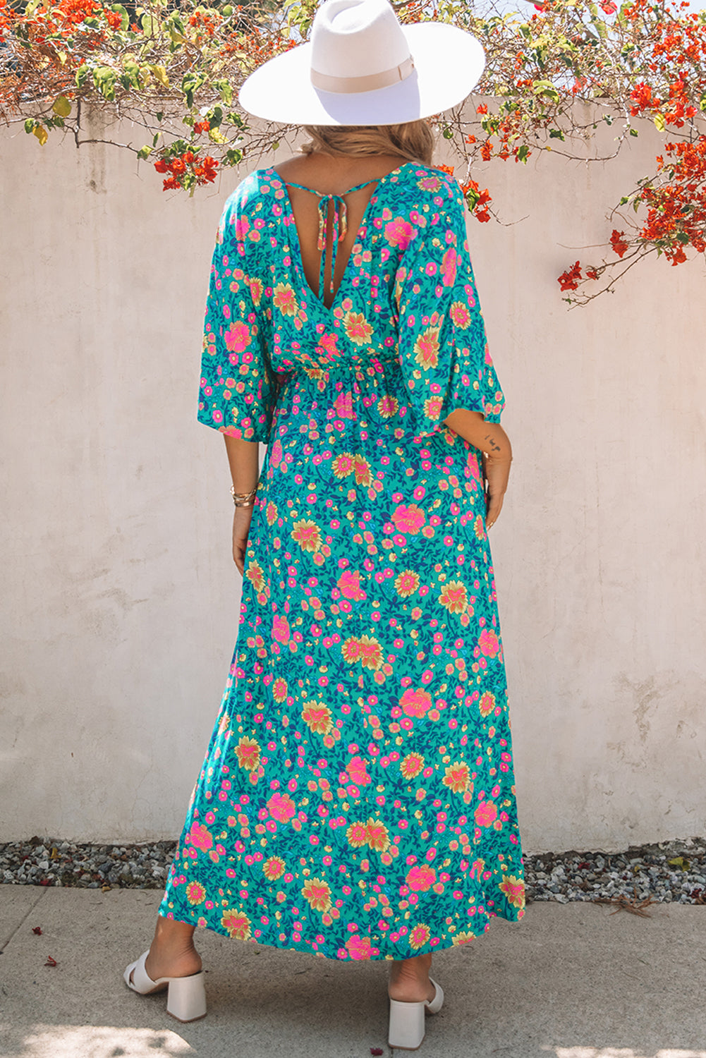 Floral Print Deep V Neck Flutter Sleeve Boho Maxi Dress