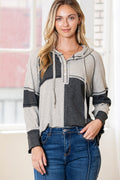 Multicolor Exposed Seam Ribbed Henley Hooded Long Sleeve Top