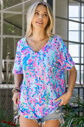 Pink Boho Abstract Floral Print V Neck T Shirt