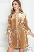 Flaxen Velvet Button Front Shirt Mini Dress