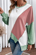 Pink Colorblock Stitching Irregular Hem Long Sleeve Top