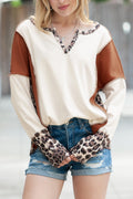 White Leopard Patchwork Notch Neck Thumbhole Long Sleeve Top