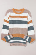 Taupe Striped Color Block Crewneck Knitted Sweater