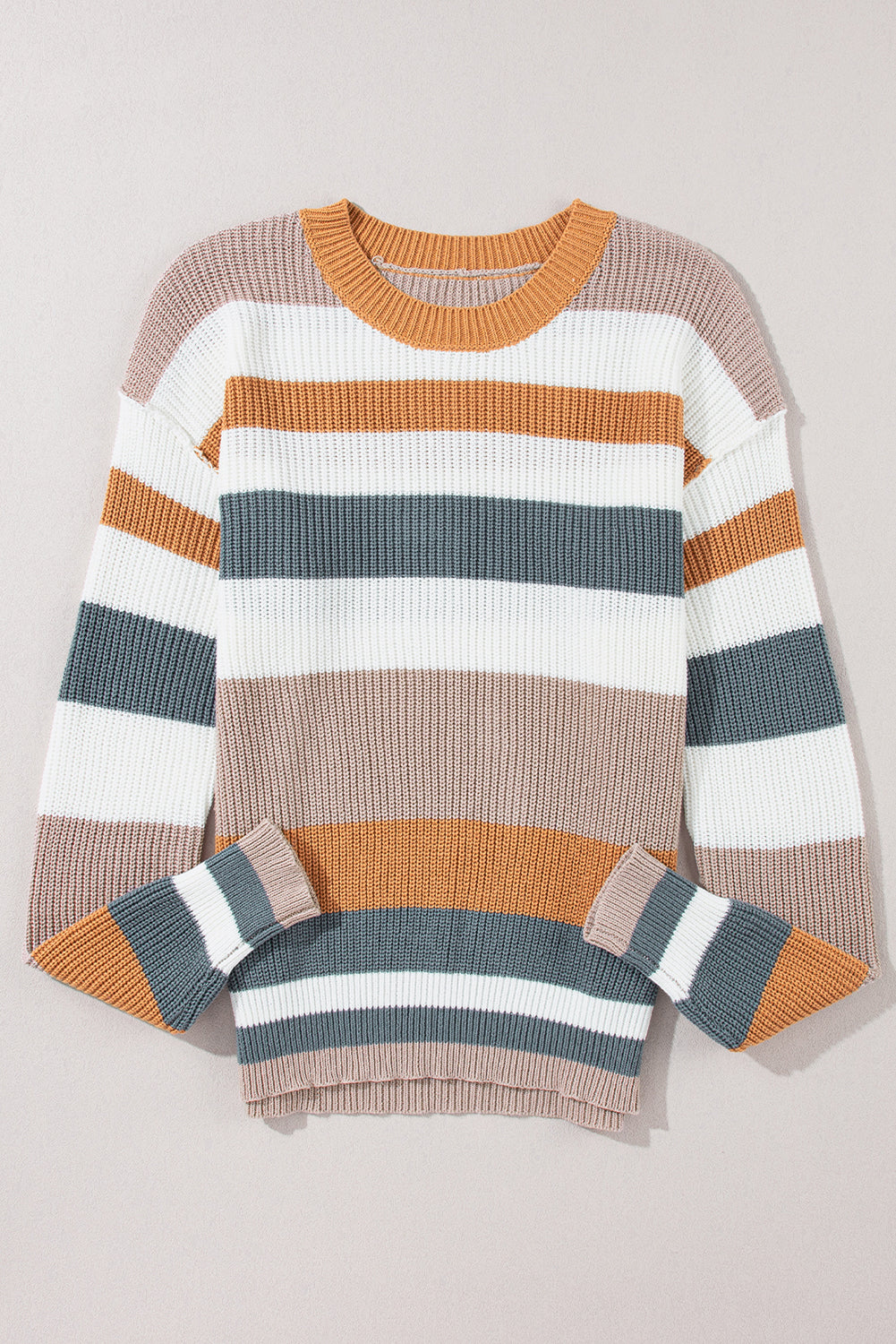 Taupe Striped Color Block Crewneck Knitted Sweater