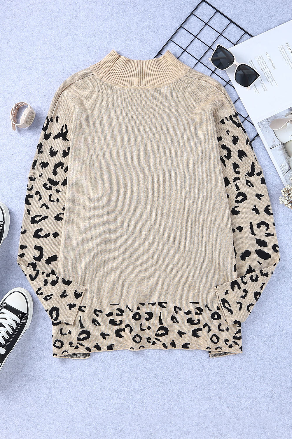 Gray Leopard Casual Side Slit High Neck Oversized Sweater