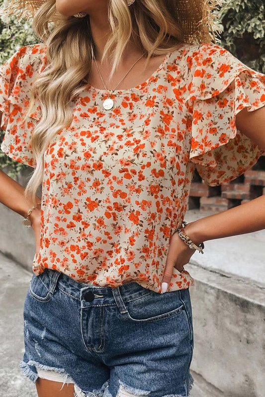 Orange Floral Notched V Neck Ruffled Blouse