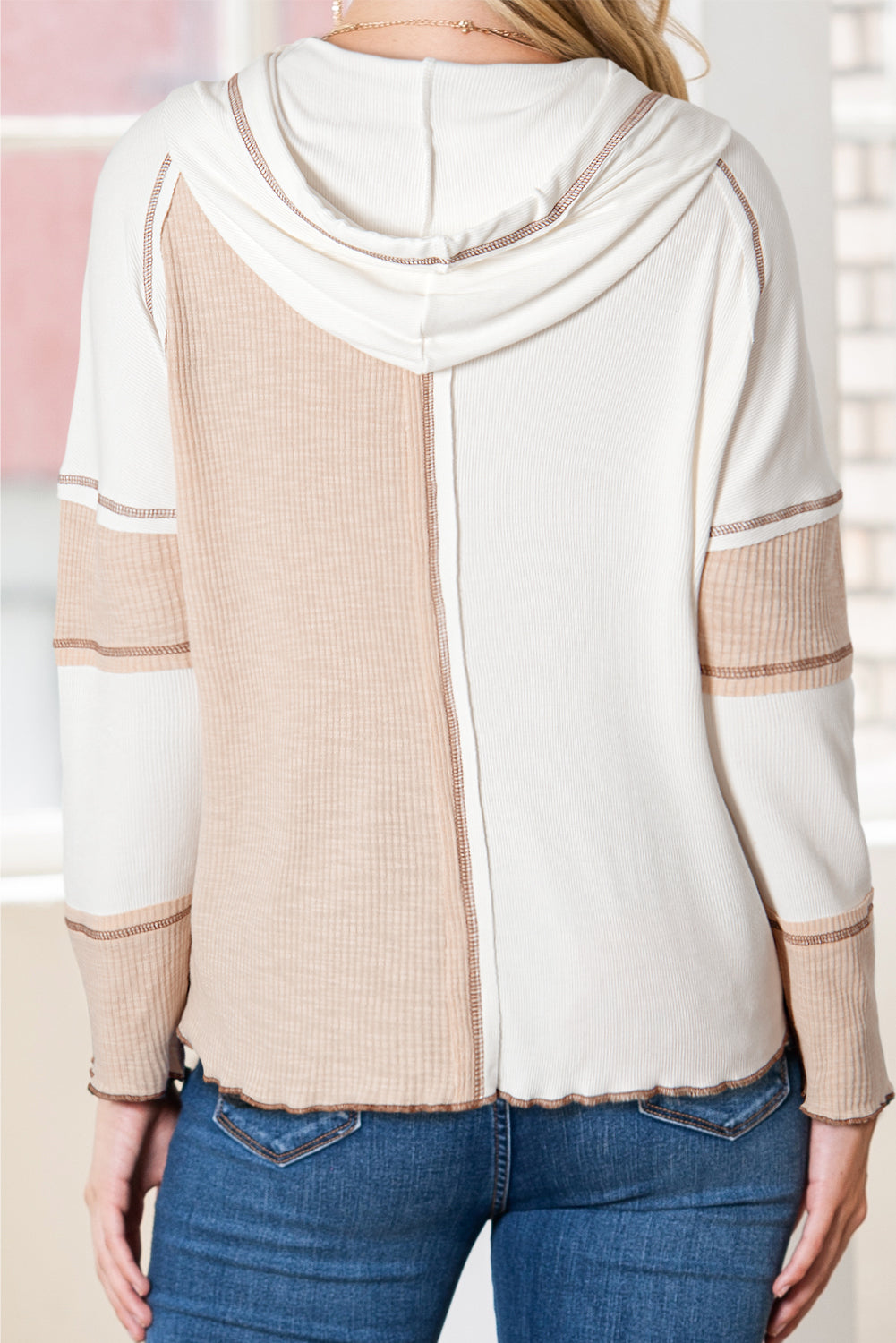 Multicolor Exposed Seam Ribbed Henley Hooded Long Sleeve Top