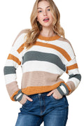 Taupe Striped Color Block Crewneck Knitted Sweater