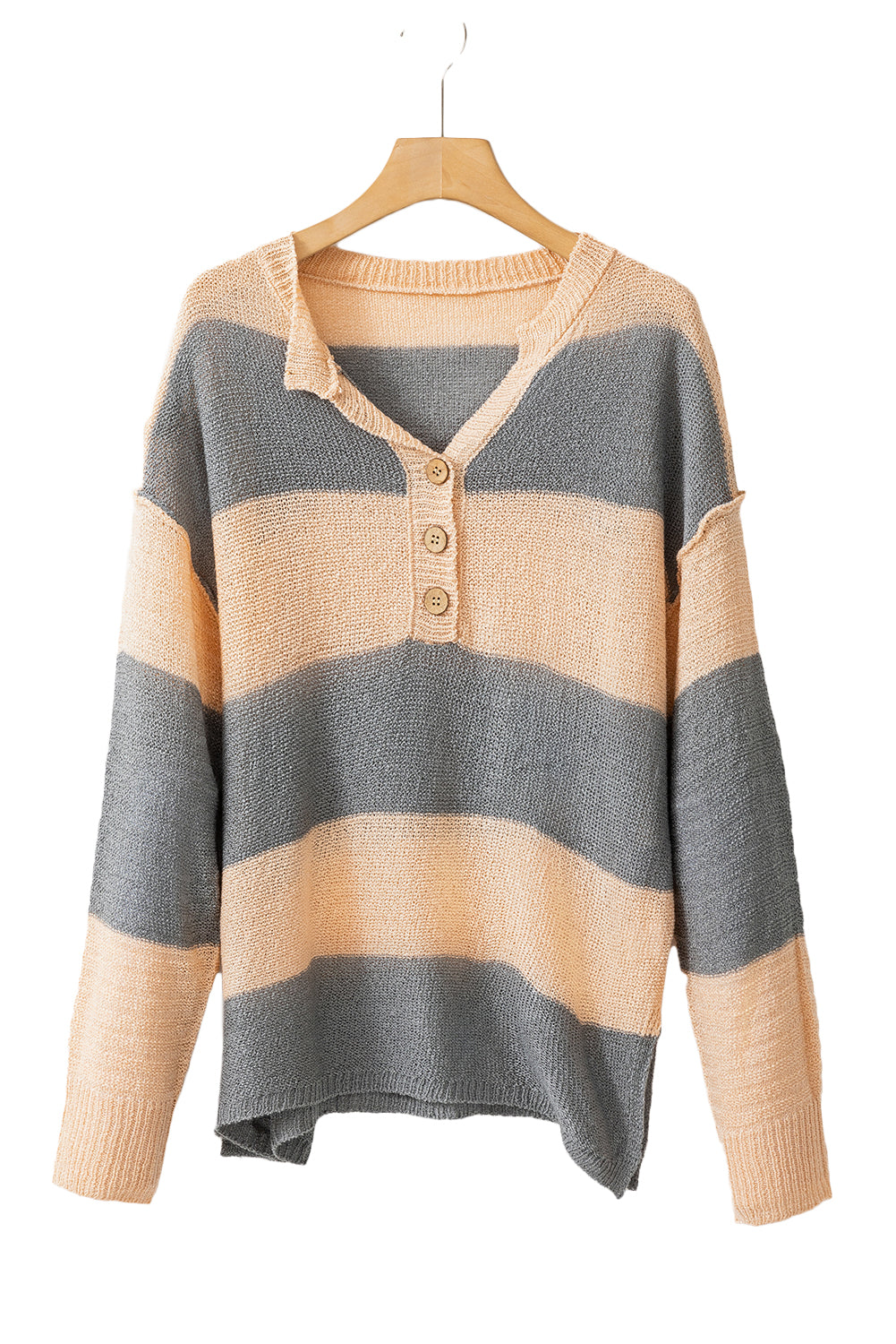 Khaki Colorblock Ribbed Contrast Trim Henley Sweater