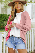 Pink and White Color Block Leopard Print Waffle Knit Long Sleeve Top