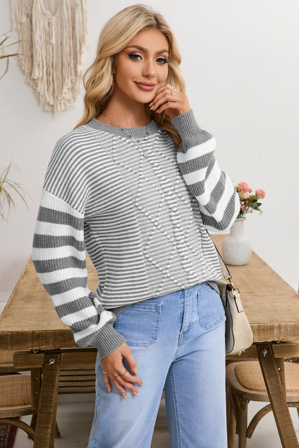 Brown Stripe Twisted Knitted Drop Shoulder Sweater