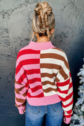 Pink Stripe Color Block High Neck Drop Shoulder Loose Sweater