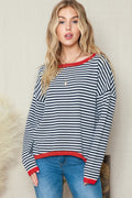 Striped Print Trim Drop Sleeve Knit Pullover Sweater