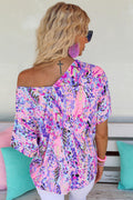 Pink Boho Abstract Floral Print V Neck T Shirt