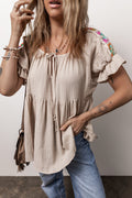 Smoke Gray Embroidered Splicing Sleeve Tie Neck Crinkle Blouse