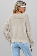 Apricot Solid Color Waffle Knit V Neck Sweater