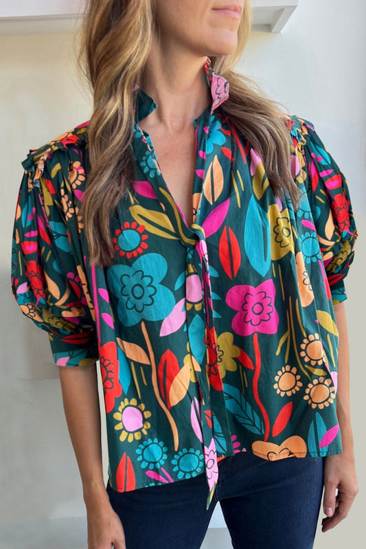 Multicolor Floral Button Notch Neck Ruffle Sleeve Blouse