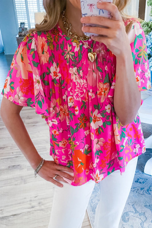 Pink Floral Print Flounce Sleeve Smocked Blouse