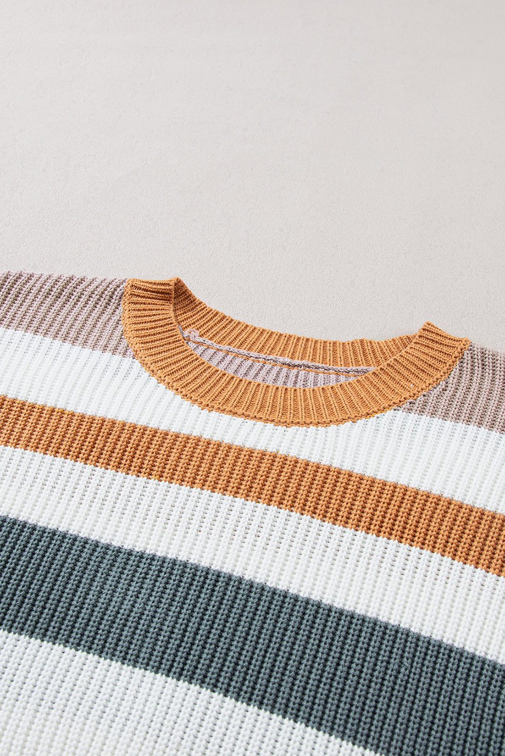 Taupe Striped Color Block Crewneck Knitted Sweater