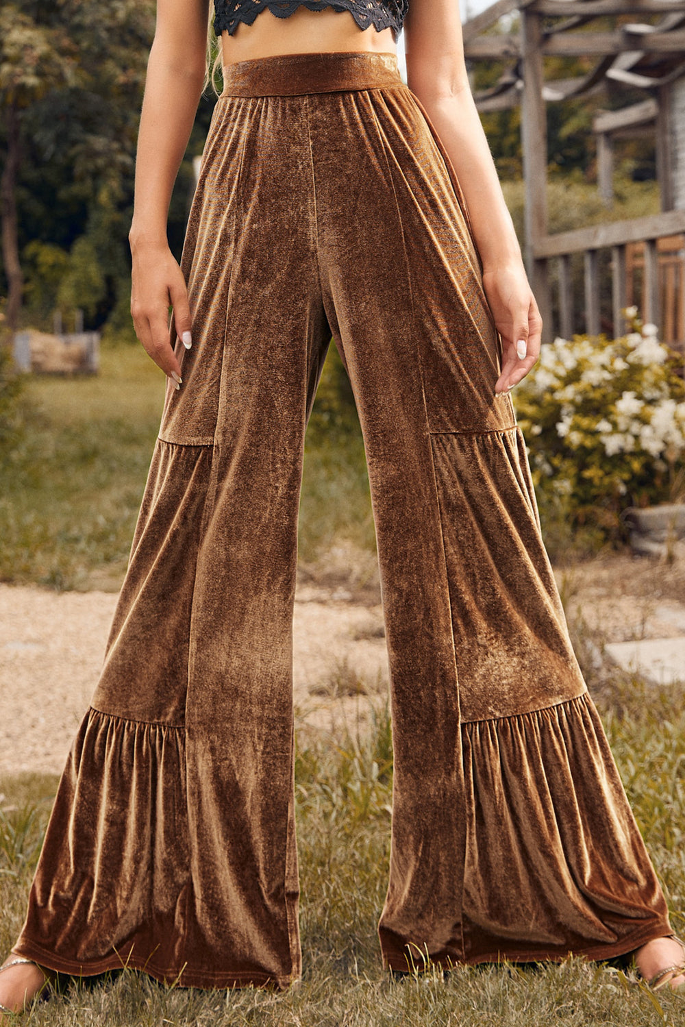 Chestnut Ruffle Hem Wide Leg Velvet Pants