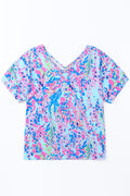 Pink Boho Abstract Floral Print V Neck T Shirt