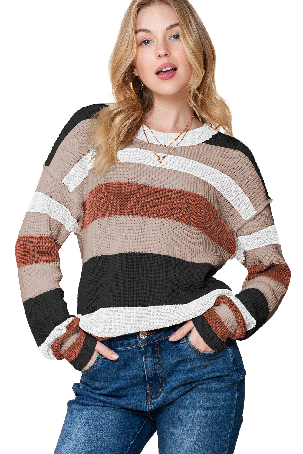 Taupe Striped Color Block Crewneck Knitted Sweater