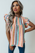 Multicolor Striped Back Button Keyhole Layered Sleeve Blouse