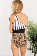 Leopard Striped Colorblock Asymmetrical Sleeveless One Piece Swimsuit