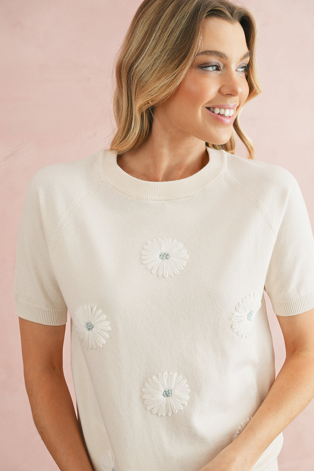 Beige Flower Pattern Puff Short Sleeve Sweater