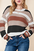 Taupe Striped Color Block Crewneck Knitted Sweater