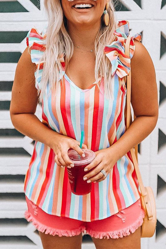 Colorblock Tiered Ruffle Babydoll V Neck Sleeveless Shirt