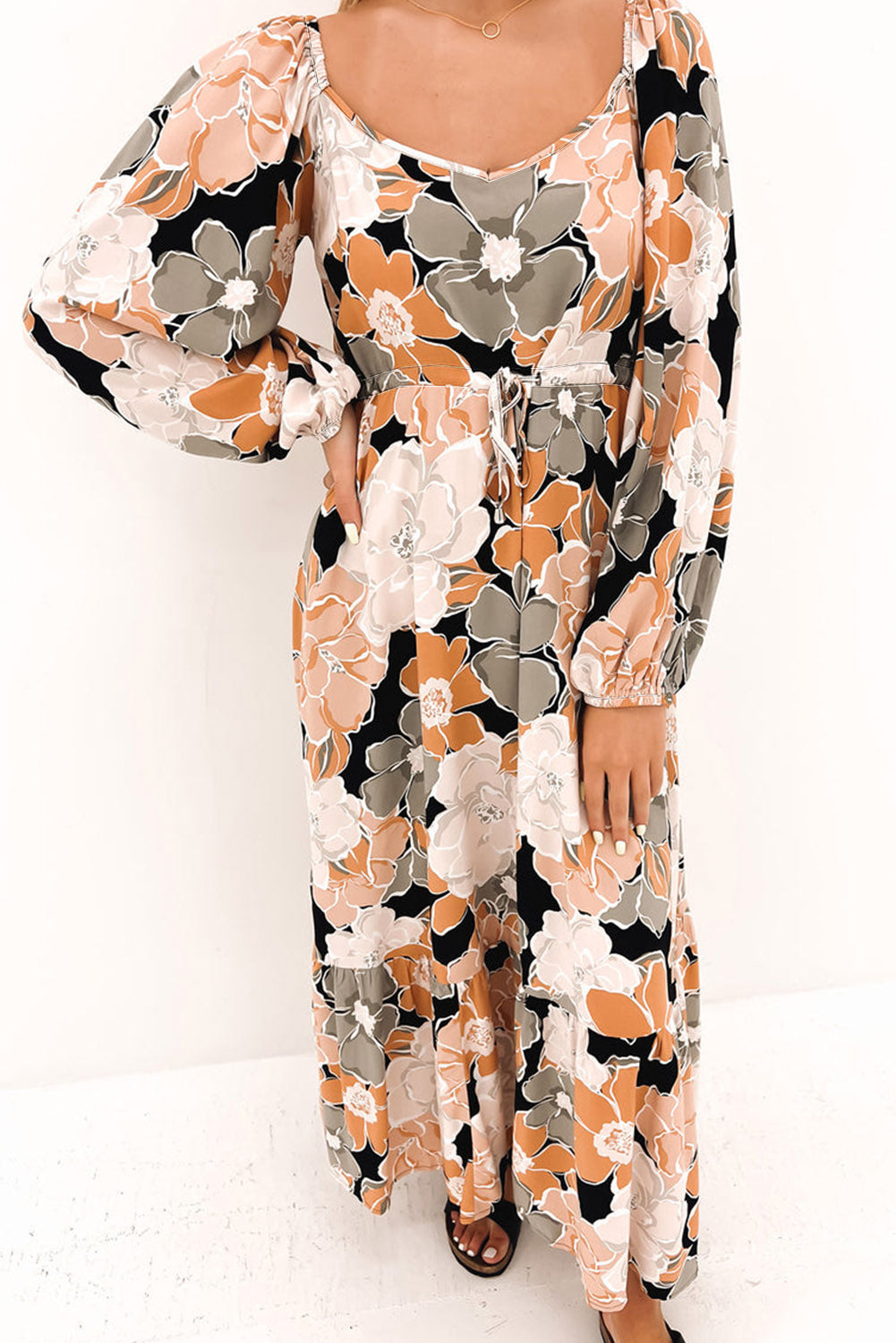 Floral Print Drawstring Waist Puff Sleeve Maxi Dress