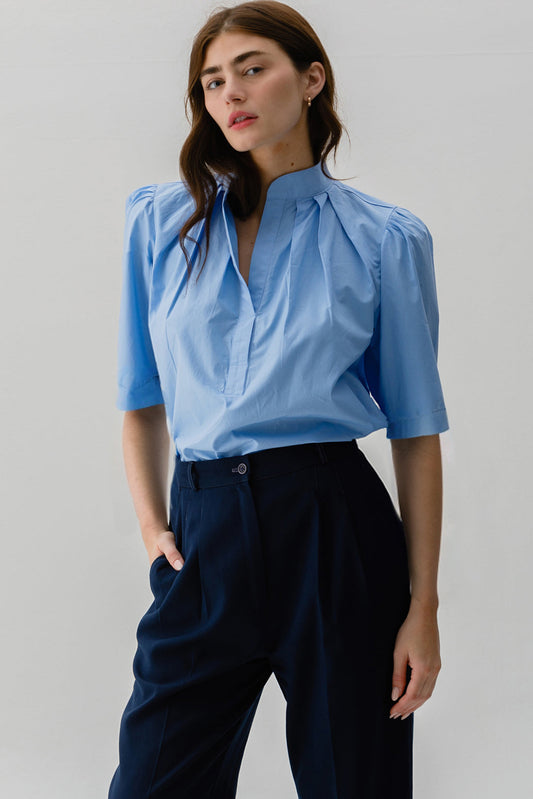 Sky Blue Solid Color Puff Short Sleeve Pleated Blouse