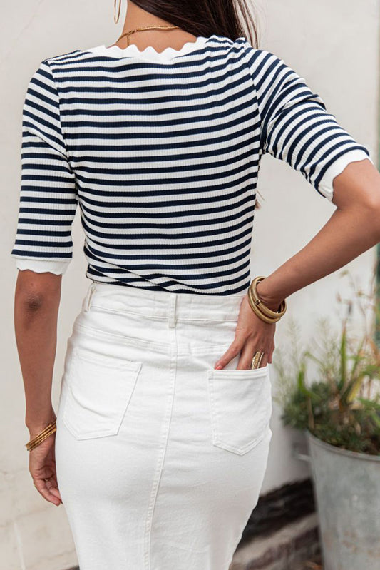 Black Striped Contrast Scallop Trim Half Sleeve T-shirt