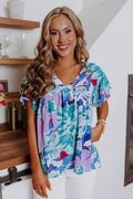 Sky Blue Boho Abstract Print V Neck Flutter Sleeve Blouse