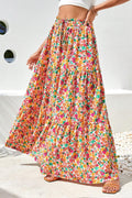 Yellow Boho Floral Print Tiered Maxi Skirt