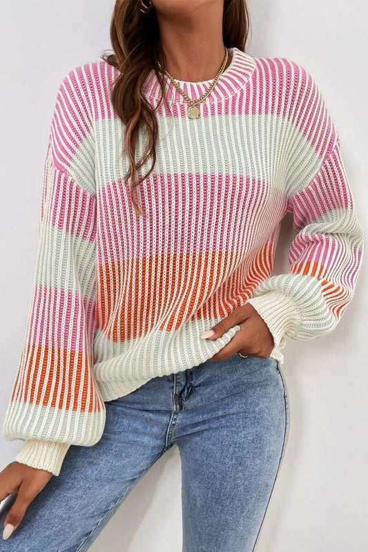 Multicolour Colorblock Lantern Sleeve Knitted Sweater