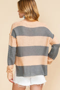 Khaki Colorblock Ribbed Contrast Trim Henley Sweater