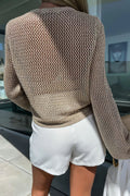 Khaki Solid Hollow-out Knit Long Sleeve Top