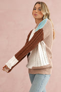 Khaki Mix Textured Knit Colorblock Mock Neck Sweater