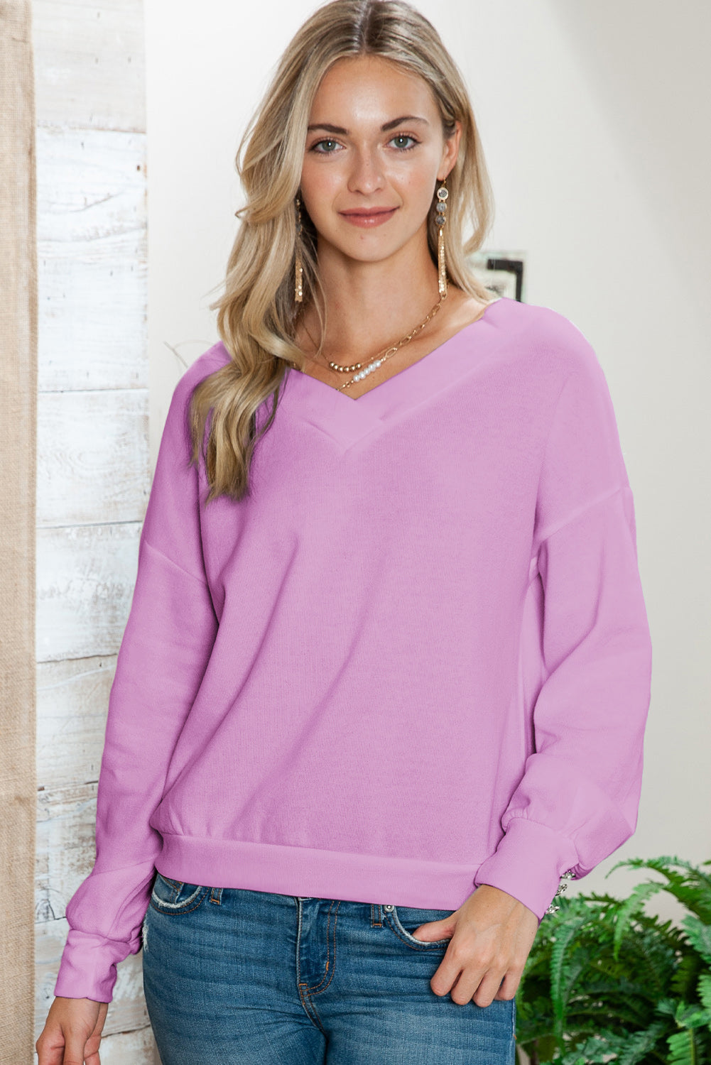 Purple V-neck Shoulder Down Long Sleeved Top