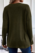 Rose Drop Shoulder Ribbed Knit Long Sleeve Henley Top