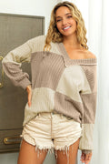 Smoke Gray Color Block Textured V Neck Long Sleeve Top