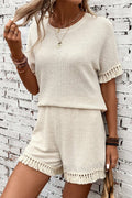 Laurel Green Fringe Trim Waffle Knit Textured Shorts Set